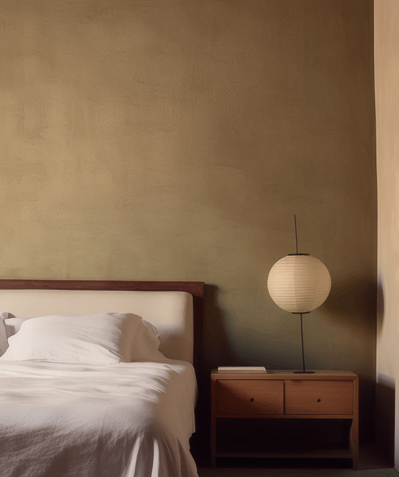 Mur de chambre enduit à la chaux teinte olive, derrière une tête de lit (photo Mercadier)