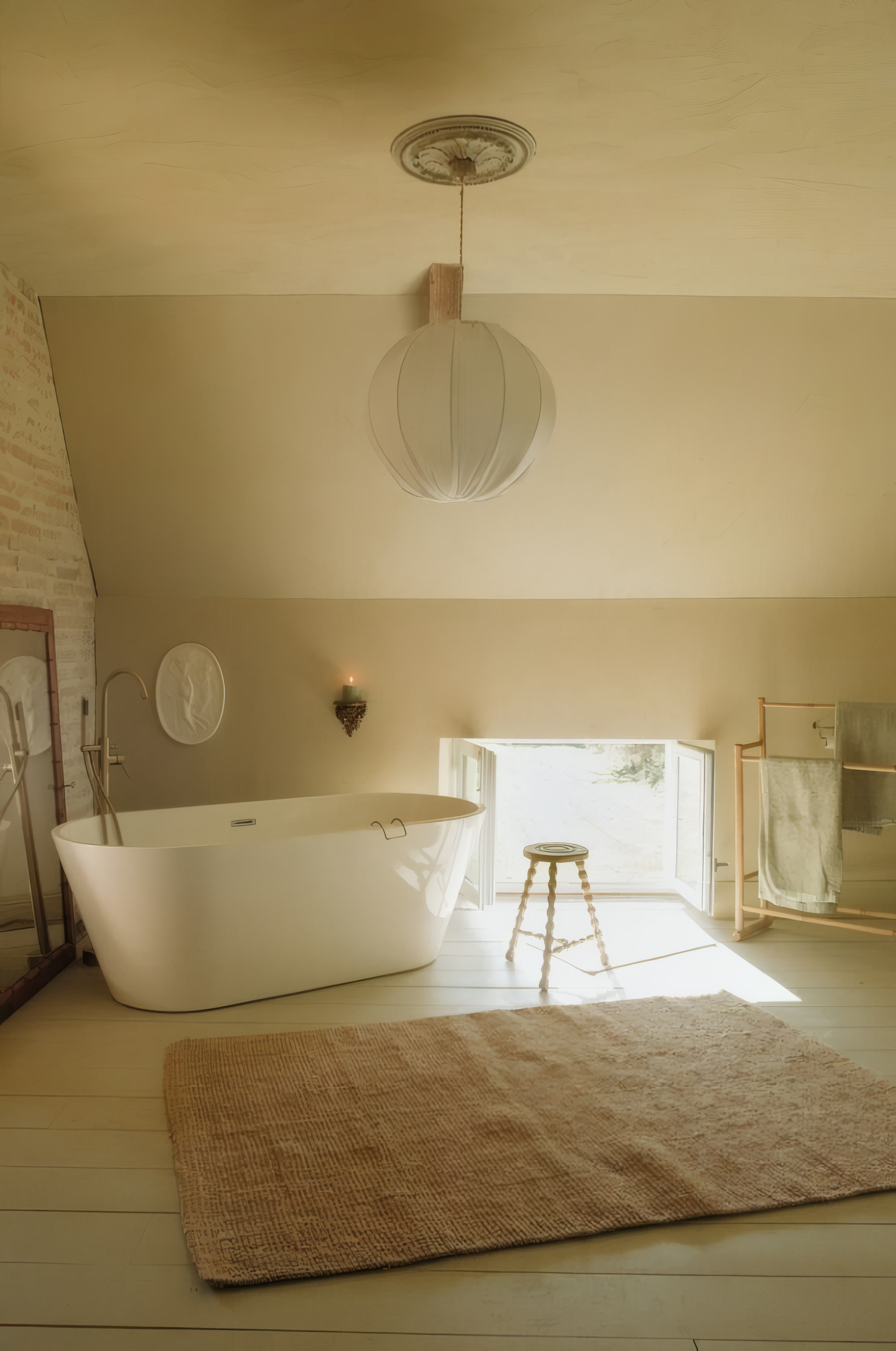 Salle de bain mansardée aux murs enduits à la chaux, baignoire îlot (photo Mercadier)