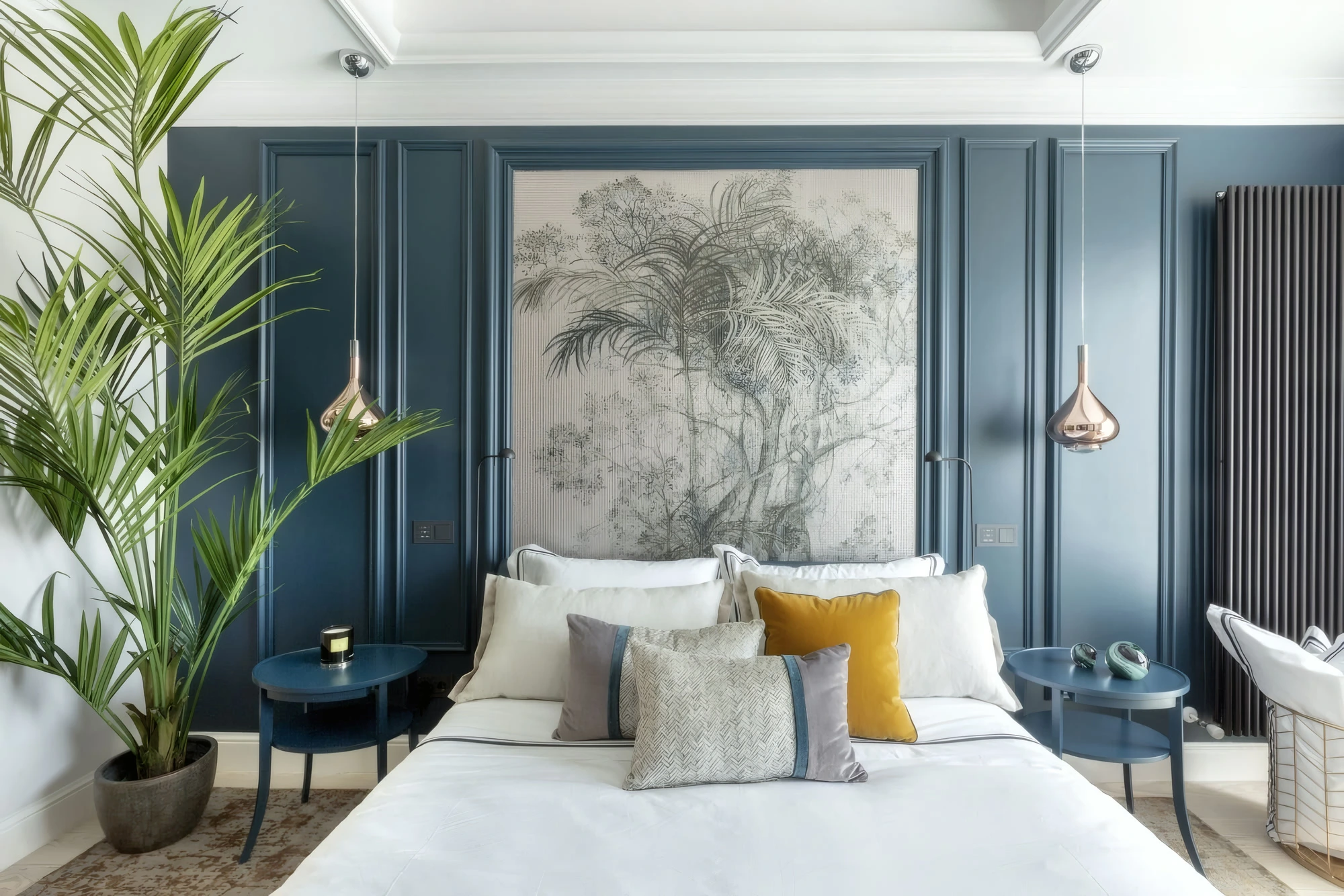 Chambre habillée d’un panoramique végétal bleu