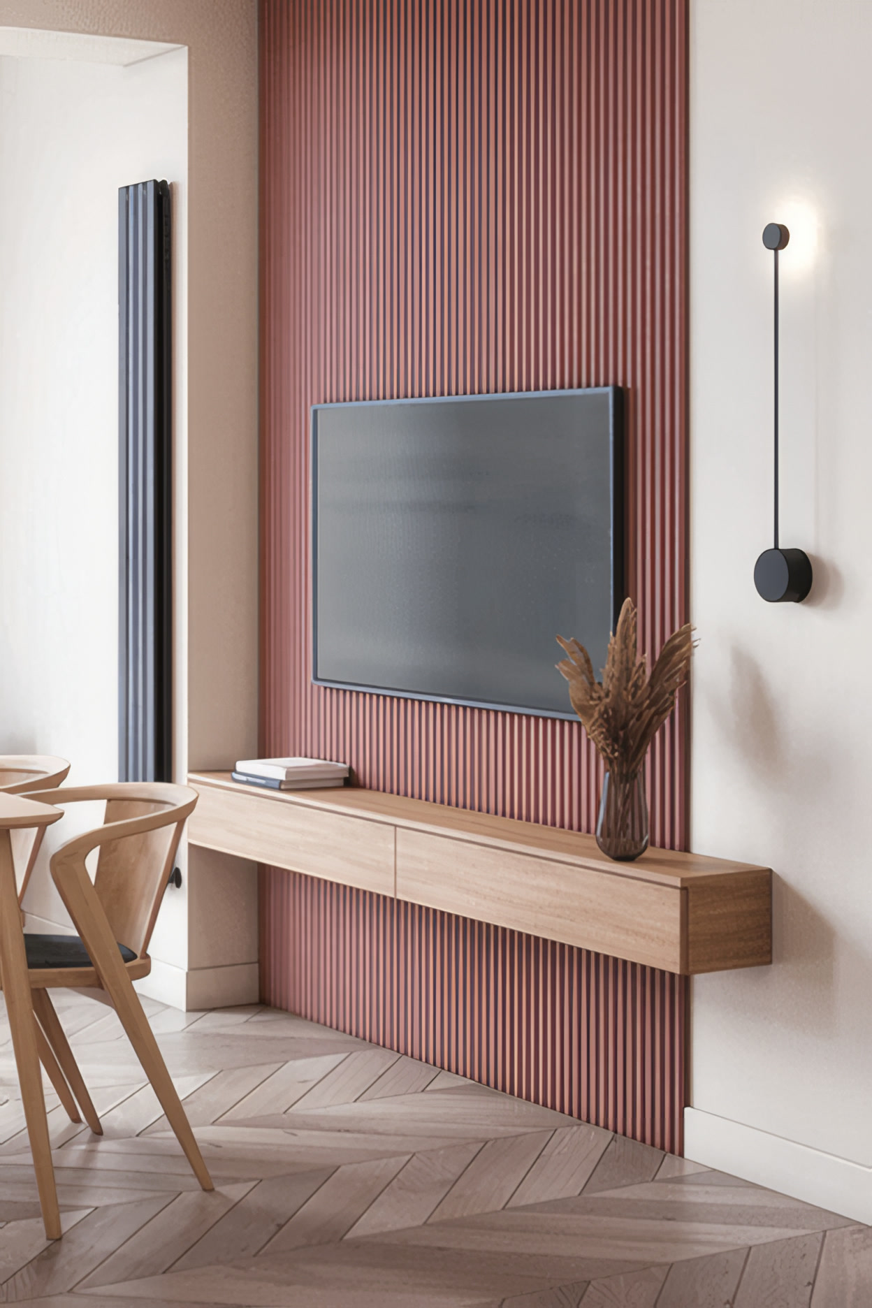 Panneaux cannelés peints en vieux rose derrière un meuble TV suspendu (photo Orac Decor)