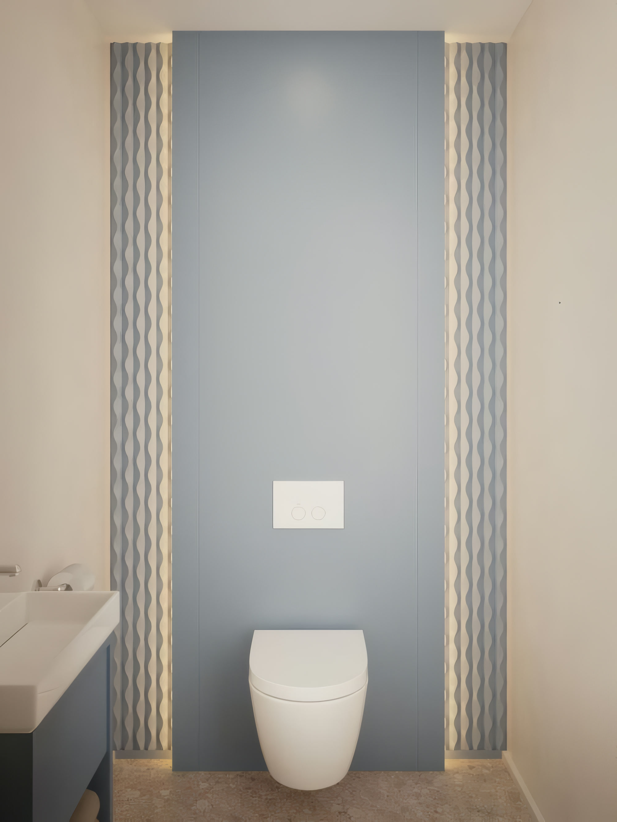 Toilettes habillées de panneaux muraux 3D ondulés éclairés par un ruban LED, de part et d’autre d’un mur bleu (photo Orac Decor)